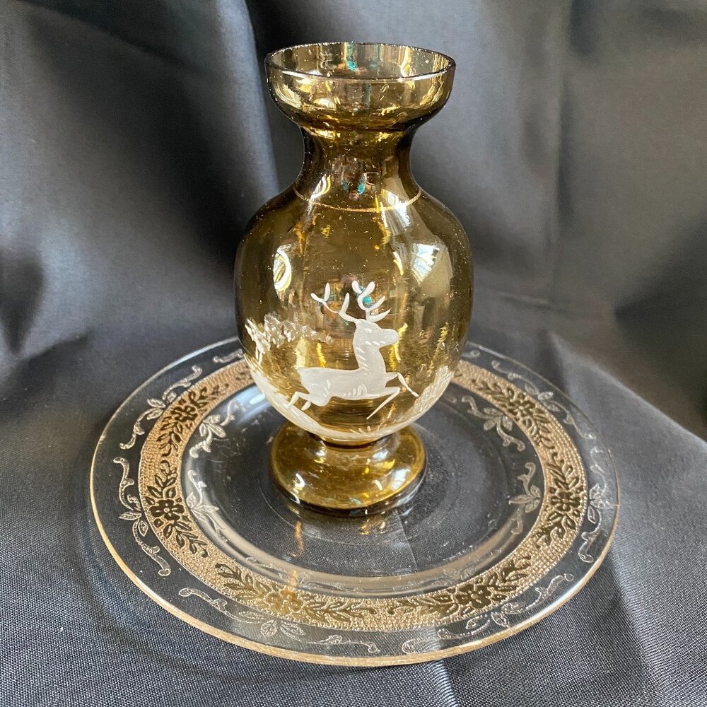 Antique Mary Gregory Style Deer Vase & 1930's MacBeth-Evans Stippled Rose Saucer